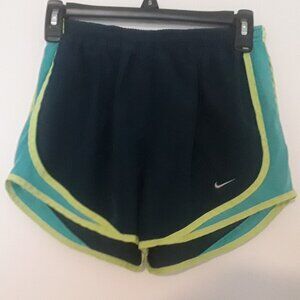 Girls Nike Dri-Fit Size Small Dark Green Running Shorts w/Liner &Yellow Stripes